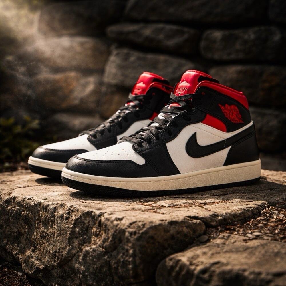 Size 11.5w or 10 Mens- Air Jordan 1 Mid Black Sail Gym Red